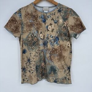 Y2K Bohemian Floral Top Women's Small Graphic Tshirt Beaded Brown Blue‎ Fiorlini